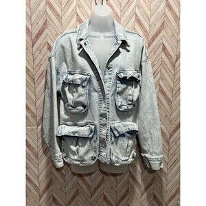 Y2K SO Jeans Jacket Womens Acid Wash Distressed Large Light Trucker Streetwear L